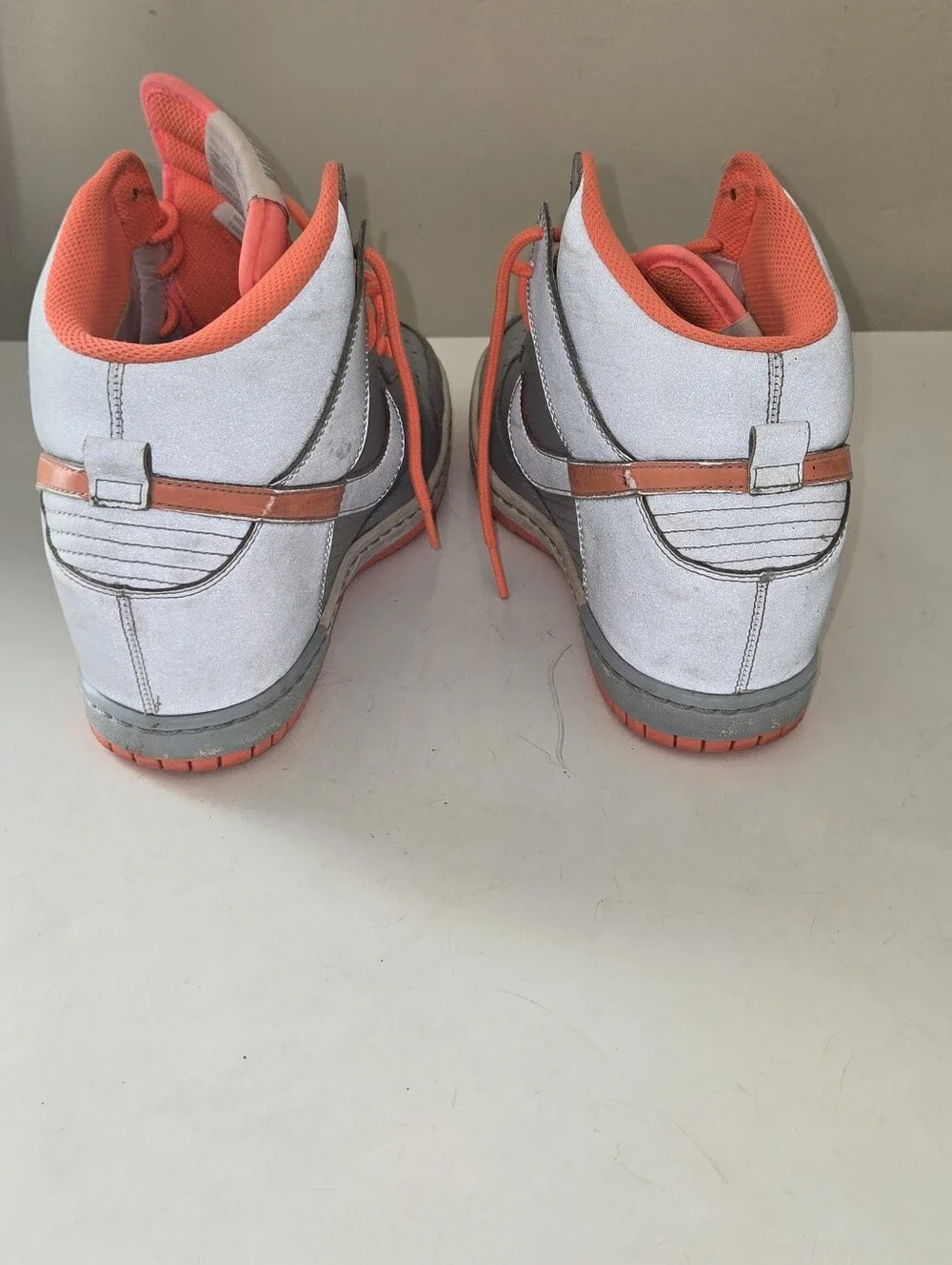Nike Women's High-Top Wedge Sneakers in Gray and Coral Orange (Reflective)